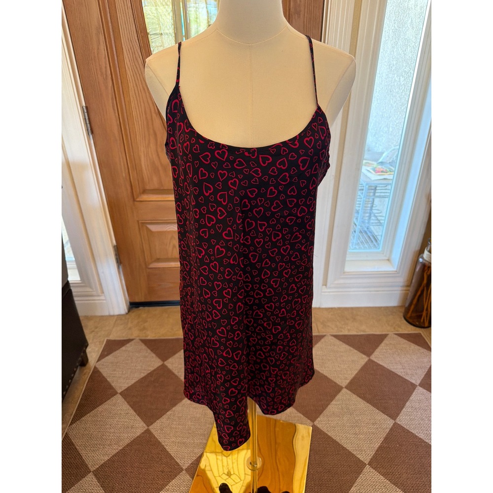 Private Luxuries Womens Medium Black Red Heart Print Slip Chemise Nightgown USA